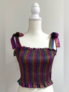 TCEC Womens L Purple Iridescent Rainbow Shirred Bow Crop Top Y2K Festival Fairy